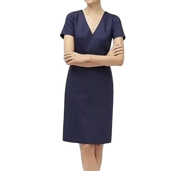 J. Crew Short Cap Sleeve V-neck Navy Wool Blend Career Sheath Dress Size 4T - Picture 1 of 6